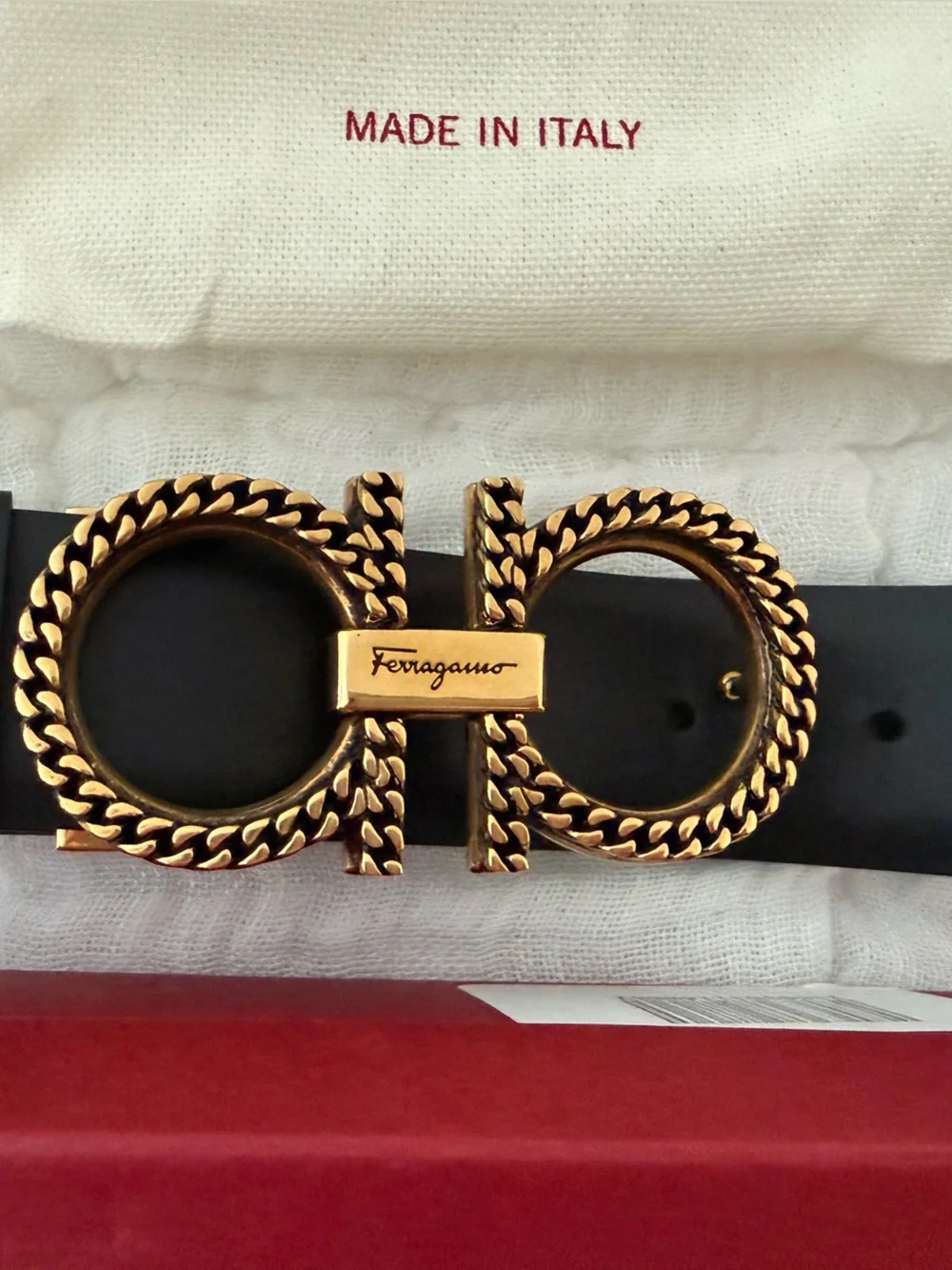 Salvatore Ferragamo Black Leather Belt with Gold Braided Double Gancini Buckle